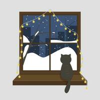 ventana con un guirnalda con invierno noche y un gato en el antepecho. Navidad estacional ilustración con un Nevado ciudad con siluetas de viburnum arboles y fiesta luces vector