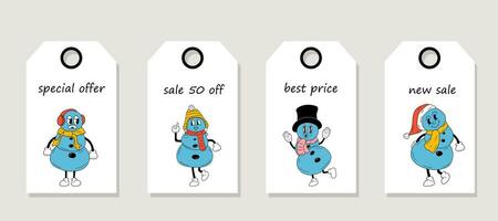 Vector set of discount price tags. Labels with Cute Cartoon Christmas snowmen characters. Christmas sale.