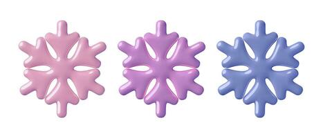 3D Snowflakes collection. Glossy metallic minimal pink, blue and purple winter design elements or frost icons. Three dimensional vector holiday decorations isolated on white background.
