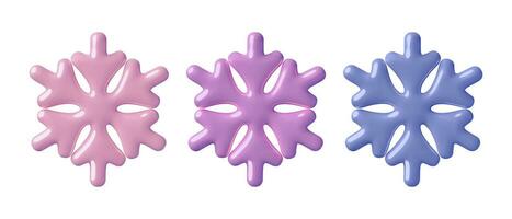 3D Snowflakes collection. Glossy metallic minimal pink, blue and purple winter design elements or frost icons. Three dimensional vector holiday decorations isolated on white background.