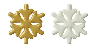 3D Snowflakes frost icons. White and gold holiday decorations. Winter, Christmas and New Year three dimensional vector design elements.