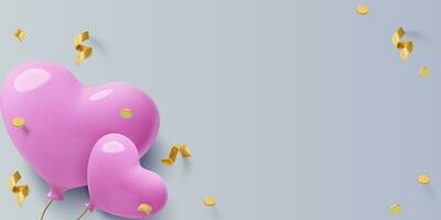 Valentine's Day 3D Background with copy space. Romantic pink heart balloons and flying gold confetti. Realistic three dimensional February 14 design. Vector illustration.