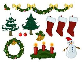 Christmas Set of Cartoon Style Elements with Mistletoe, Tree, Socks, Wreath, Candles, Bells, and Snowman. Vector Illustration