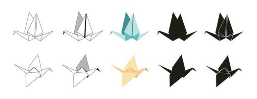 Origami crane Folded Paper Shapes. Flat Illustration Set. line, graphic, color and Black silhouette icon vector