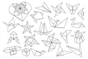 Origami Folded Paper Shapes Bird, Crane, frog, butterfly, box, tulip. Flat Illustration Collection. line art icon set. vector