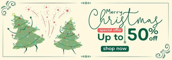 Sale Web Banner with Kawaii Doodle Christmas Tree Dancing. Children's handmade naive style. Simple New Year character. Happy spruce concept. Motivation to buy, discounts, promotions vector