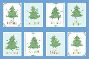 Set of greeting cards Kawaii doodle Christmas tree dancing. Children's handmade naive style. Simple New Year character isolated on white background. Happy spruce concept vector