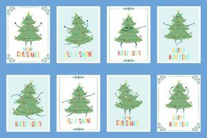 Set of greeting cards Kawaii doodle Christmas tree dancing. Children's handmade naive style. Simple New Year character isolated on white background. Happy spruce concept vector