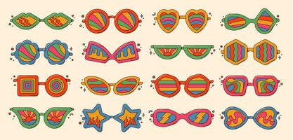 Groovy retro sunglasses set. Hippie eyewear. vector