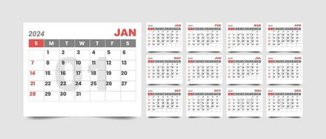 Monthly calendar template for 2024 year with minimalist style vector