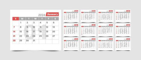 Monthly calendar template for 2024 year with minimalist style vector