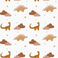 Vector seamless childish pattern with colorful dinosaurs. Baby background for nursery, wrapping paper, fabric, textile. Funny little dinosaur.
