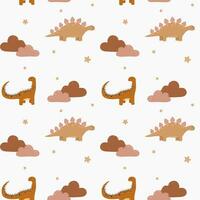 Vector seamless childish pattern with colorful dinosaurs. Baby background for nursery, wrapping paper, fabric, textile. Funny little dinosaur.