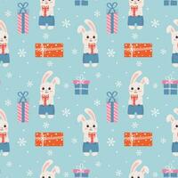 Winter seamless pattern with bunny, presents and snowflakes. Perfect for wrapping paper, greeting cards and seasonal design. vector