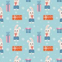 Winter seamless pattern with bunny, presents and snowflakes. Perfect for wrapping paper, greeting cards and seasonal design. vector