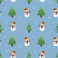 Seamless christmas pattern. Background with snowman,  snowflakes and christmas trees. Perfect for wrapping paper, greeting cards, textile vector