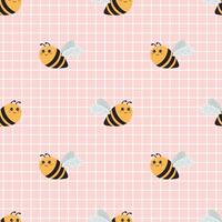 Cute pattern with bee on pink checkered background. Vector seamless texture for kids fabric, wrapping paper, design.