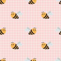 Cute pattern with bee on pink checkered background. Vector seamless texture for kids fabric, wrapping paper, design.