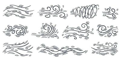 Comics style doodle wind motion line with leaves collection. Autumn seson, black and white color. Hand drawn vector illustration set