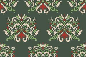 ikat floral cachemir bordado en verde fondo.ikat étnico oriental sin costura modelo tradicional.azteca estilo resumen vector ilustración.diseño para textura,tela,ropa,envoltura,decoración.
