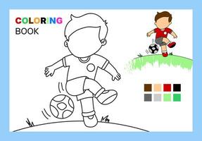 ilustración de un chico pateando un pelota. colorante libro modelo para niños vector