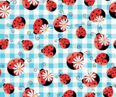 Seamless Pattern of Spring Flowers and Lady bugs with Plaid Check Background- Spring Vector Illustration