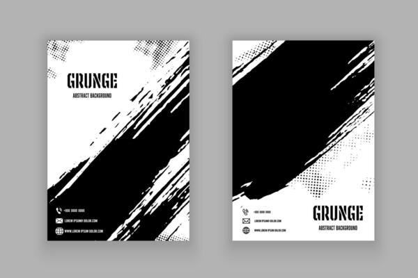 Vector black and white cover book template brush stroke and ink stain abstract background.