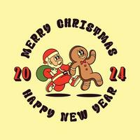 santa and gingerbread cartoon retro vector