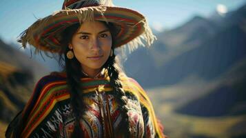 ai generado un peruano mujer en andino atuendo foto