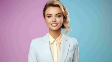 AI generated Happy and Attractive Woman Wearing Pastel Color Suit with Beautiful Vibrant Background photo