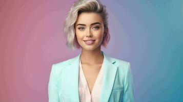 AI generated Happy and Attractive Woman Wearing Pastel Color Suit with Beautiful Vibrant Background photo