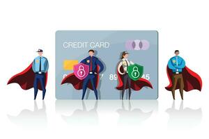 Security Guard in Red Cape Hold Shield Protect Credit Card. vector