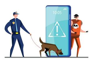 Security Guard and Guard Dog Searching Hacker on Mobile. vector