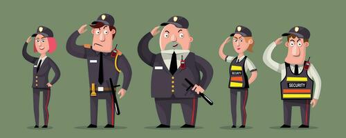 seguridad equipo en mismo uniforme, personaje dibujos animados estilo. vector