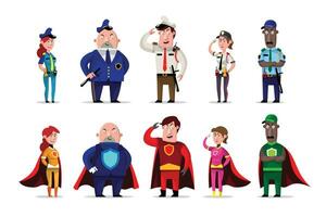 seguridad equipo y héroe equipo en rojo capa, personaje dibujos animados estilo. vector