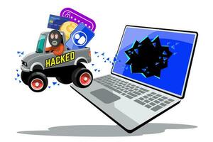 Hacker Steal Coins and Data from Notebook by Truck, Cyber Security Concept. vector