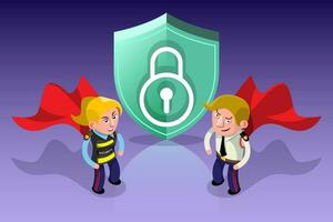 Security Guard in Red Cape Protect Locked Shiled. vector