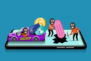 Hacker Dig a Hole on Mobile Phone Steal Coins and Data. vector