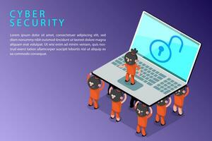 Hacker Carry Laptop Unlocked Screen, Cyber Security Concept. vector