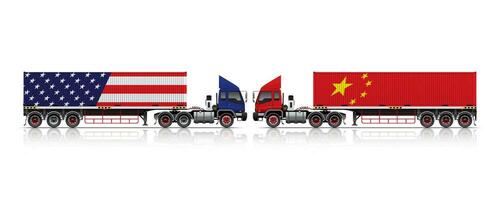 Semi-trailer Container Truck USA Flag Strip And China Flag Strip, Trade War Concept. vector