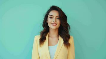 AI generated Happy and Attractive Woman Wearing Pastel Color Suit with Beautiful Vibrant Background photo