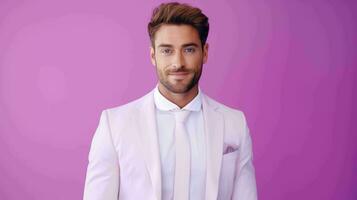 AI generated Happy and Attractive Man Wearing Pastel Color Suit with Beautiful Vibrant Background photo