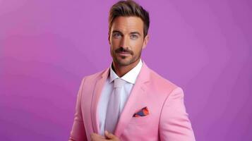 AI generated Happy and Attractive Man Wearing Pastel Color Suit with Beautiful Vibrant Background photo