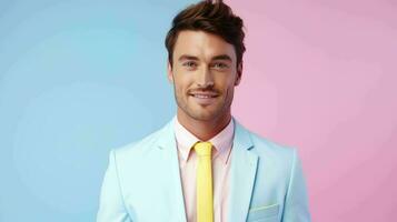 AI generated Happy and Attractive Man Wearing Pastel Color Suit with Beautiful Vibrant Background photo