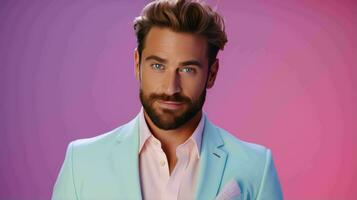 AI generated Happy and Attractive Man Wearing Pastel Color Suit with Beautiful Vibrant Background photo