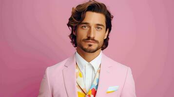 AI generated Happy and Attractive Man Wearing Pastel Color Suit with Beautiful Vibrant Background photo