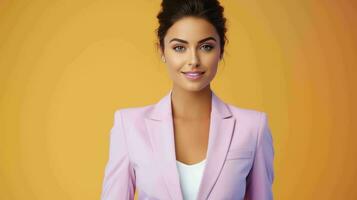 AI generated Happy and Attractive Woman Wearing Pastel Color Suit with Beautiful Vibrant Background photo