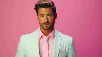 AI generated Happy and Attractive Man Wearing Pastel Color Suit with Beautiful Vibrant Background photo