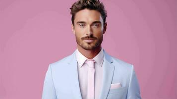 AI generated Happy and Attractive Man Wearing Pastel Color Suit with Beautiful Vibrant Background photo
