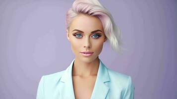 AI generated Happy and Attractive Woman Wearing Pastel Color Suit with Beautiful Vibrant Background photo